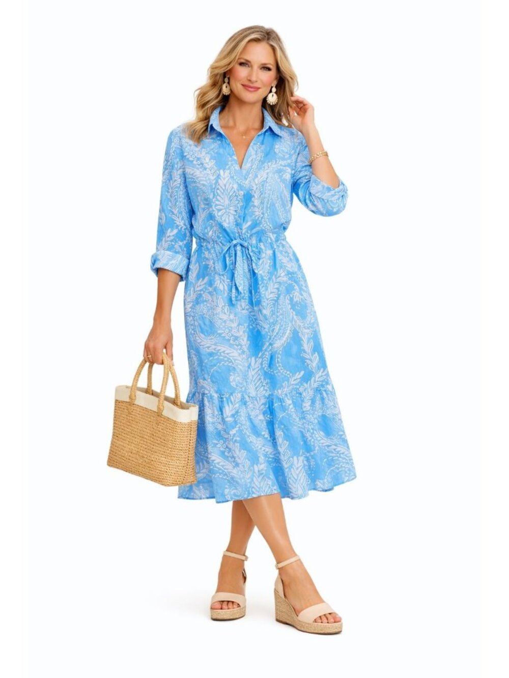 Talbots Women 10 Sustainable Linen Blue White Paisley Shirt Dress Coastal Resort